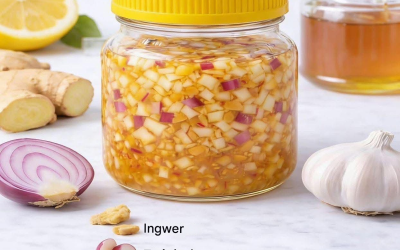 Das natürliche Heilmittel kombiniert Ingwer, Zwiebeln, Knoblauch, Zitronensaft und Honig.