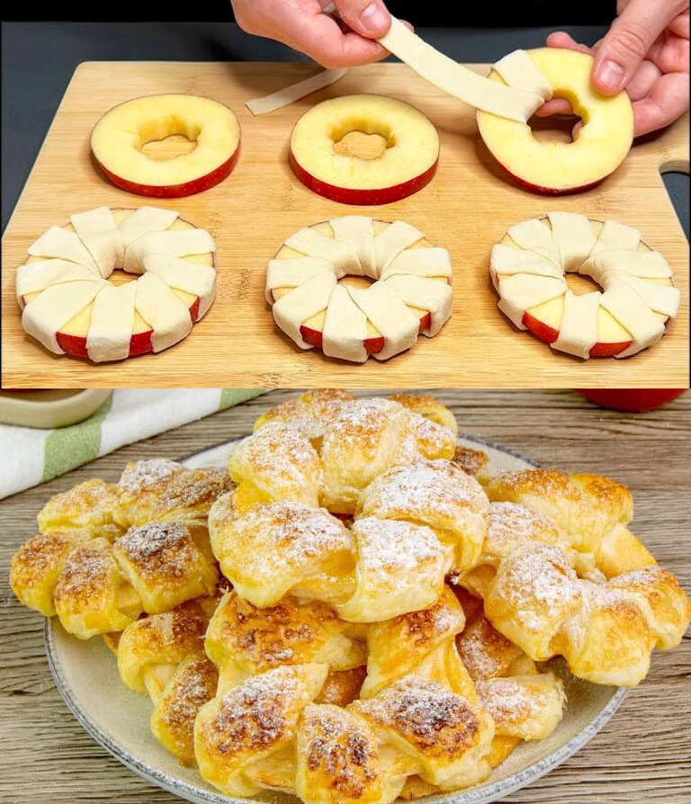 Blätterteig Apfelringe in paar Minuten, Schneiden Sie Äpfel in Scheiben und wickeln Sie sie in Blätterteig ein!