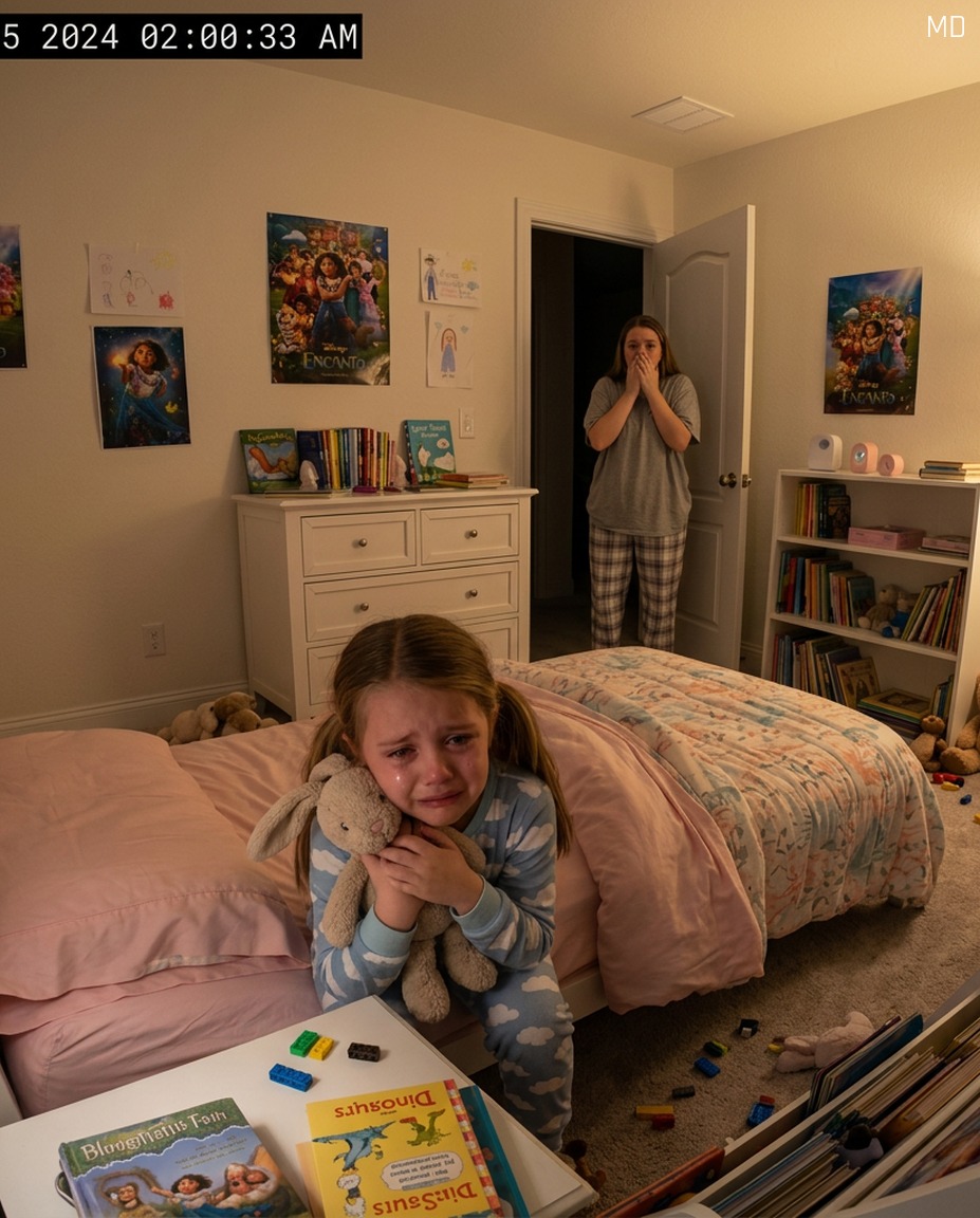 Mutter untersucht Bett, nachdem Kind sagt, dass sich etwas an ihrem Bett seltsam anfühlt.