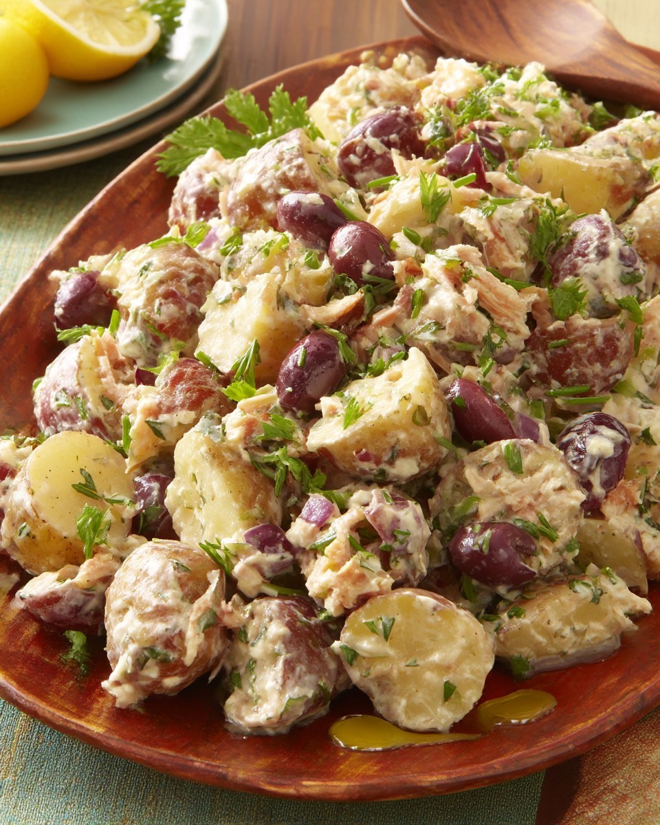 Kartoffelsalat mit Thunfisch, Oliven und duftender Zitrone
