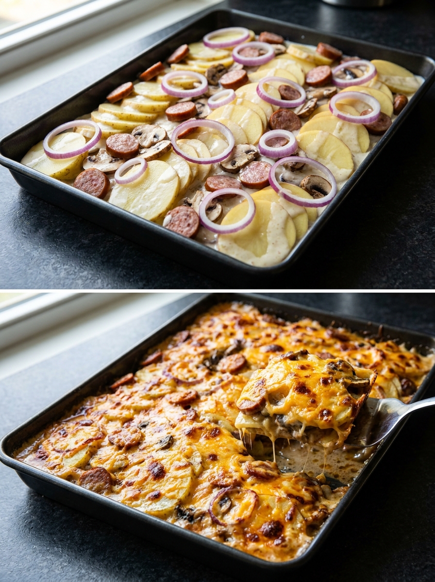 Kartoffel-Käse-Auflauf mit Wurst und Champignons