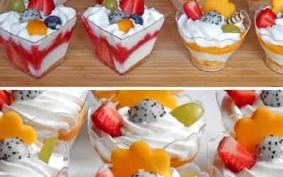 Fruchtdessert im Becher: Eine leichte Käsekuchenmousse mit viel Obst! In 15 Minuten fertig.