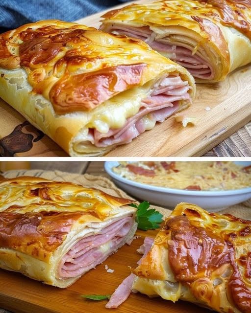 Gefüllter Blätterteigstrudel mit Schinken und Käse in 10 Minuten