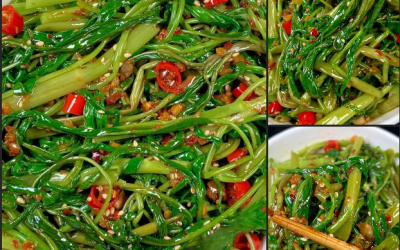 Rezept für gebratenen Wasserspinat (Kangkong):