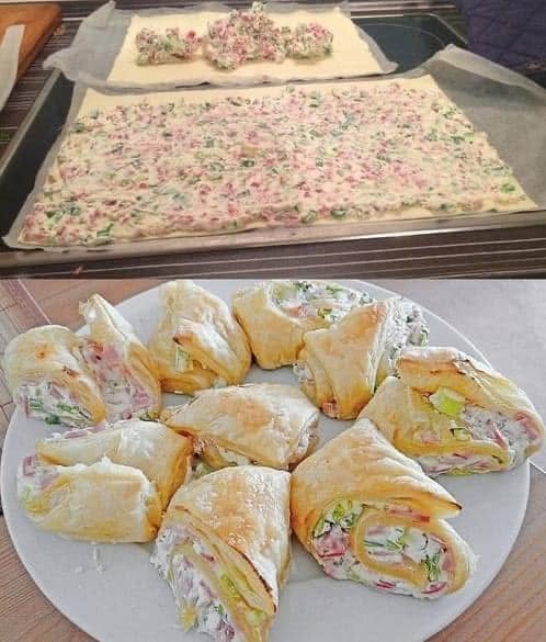 Flammkuchenrolle mit 1 Rolle Blätterteig & 1 Packung Frischkäse