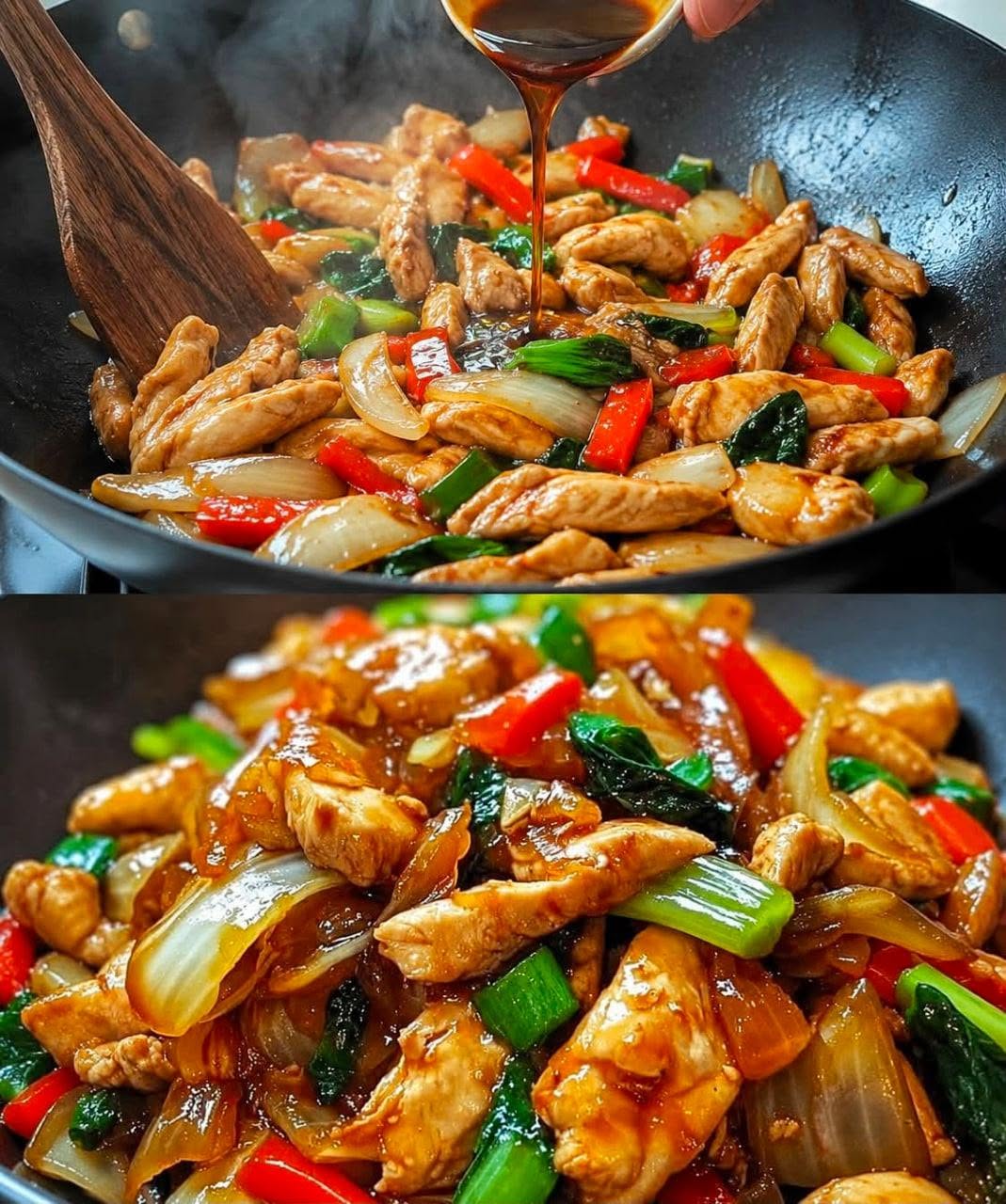 Chinesische Hähnchenpfanne mit Spitzkohl und Zwiebel